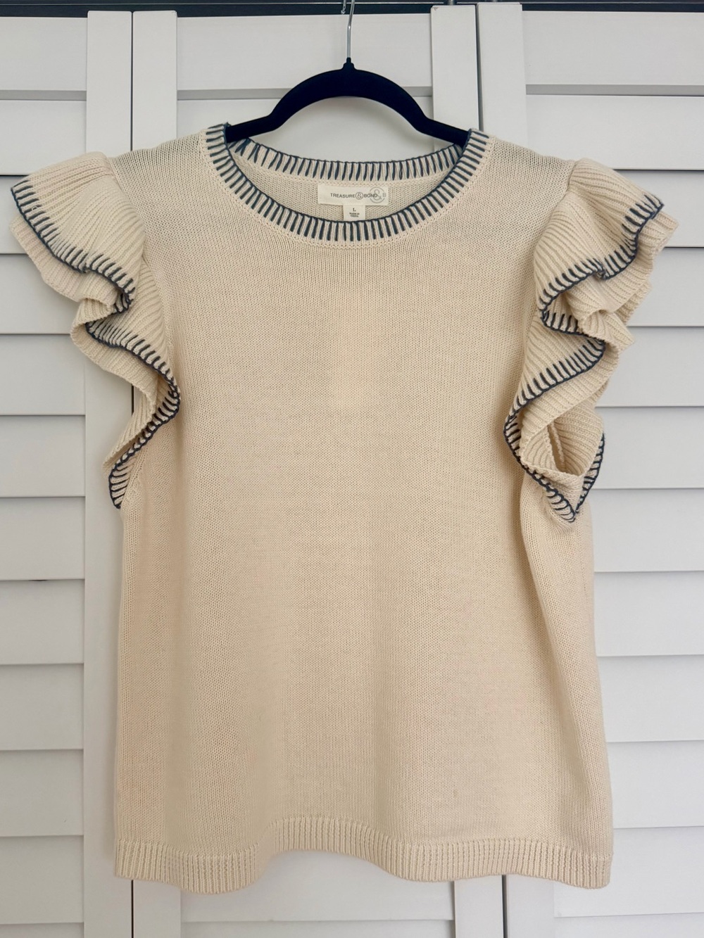 Treasure & Bond Cream Knit Ruffle Sleeve Top with Navy Trim